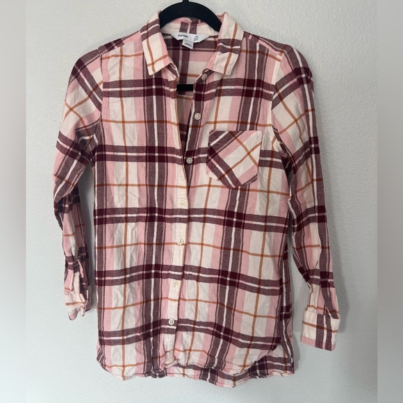 Old Navy Tops - Old Navy Pink White Burgundy Plaid Flannel The Tunic Shirt Size X Small